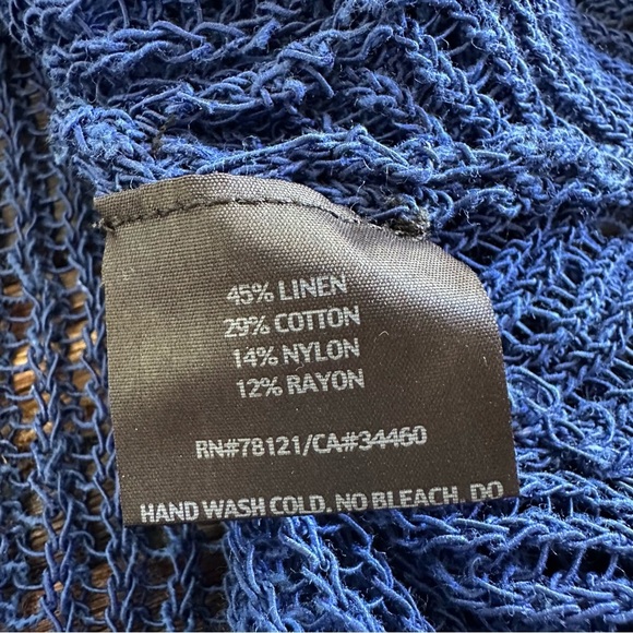 Eileen Fisher size Large Blue Linen Blend Open Weave Sweater Asymmetrical V Neck - Picture 7 of 7